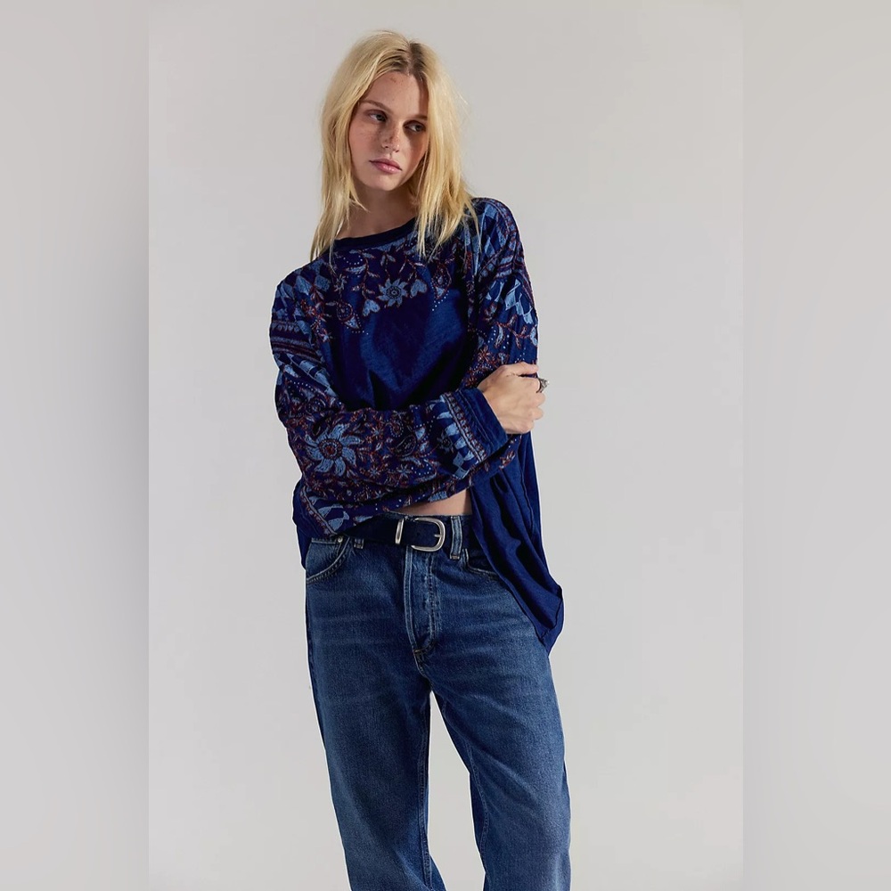 NWOT FREE PEOPLE WE THE FREE Deck Of Cards Long Sleeve Tee | Indigo Combo $148 S
